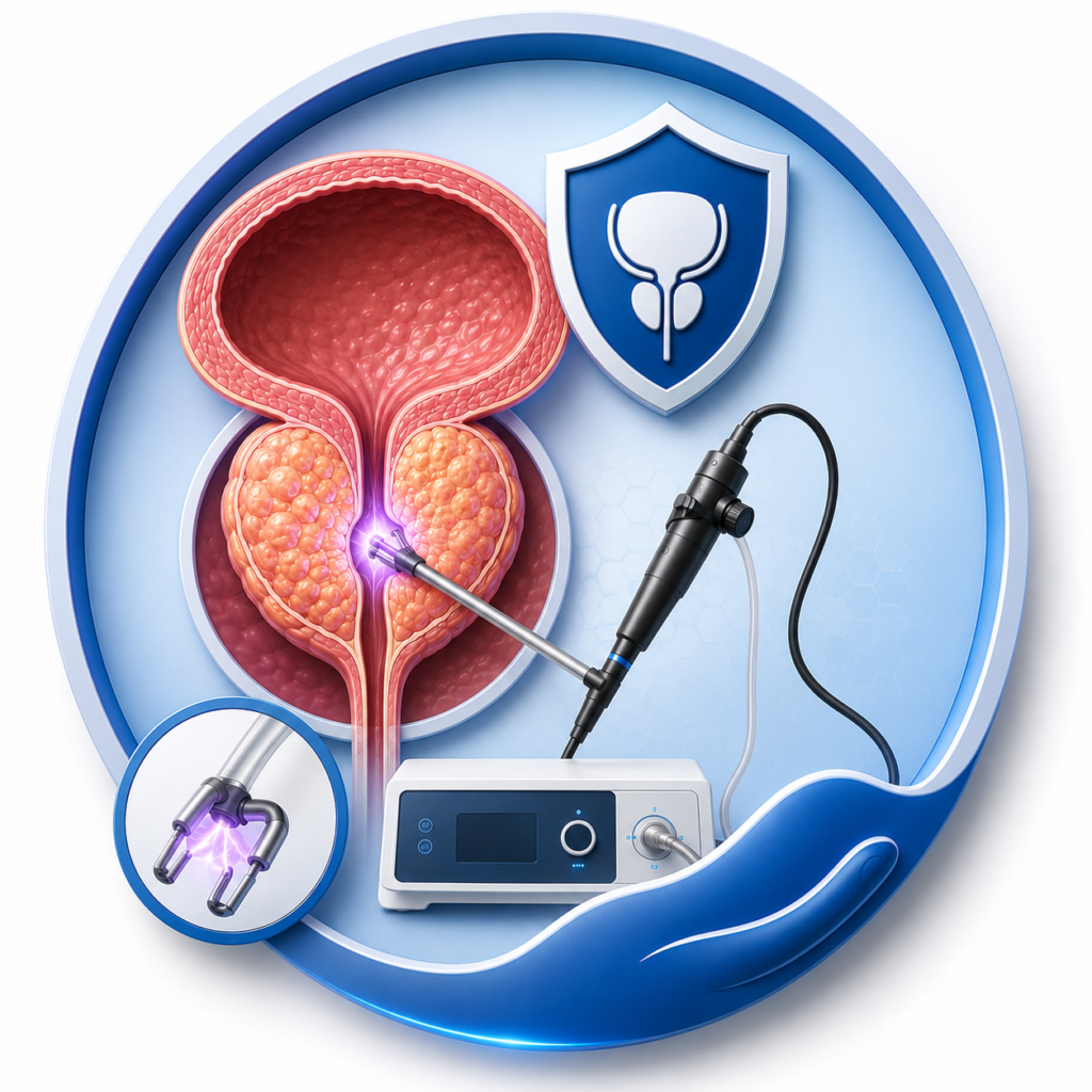 Advanced 3D medical illustration depicting Bipolar Plasma Kinetic Prostate Surgery (BPKRP) for enlarged prostate treatment using modern minimally invasive plasma technology.