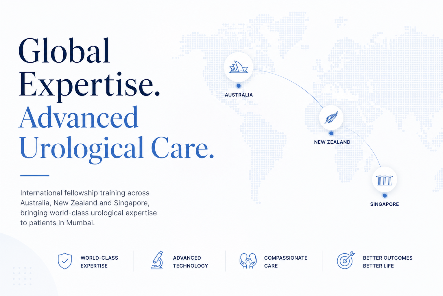 World map highlighting Australia, New Zealand, and Singapore representing Dr. Anand Utture's international fellowship training and global expertise in advanced urological care.