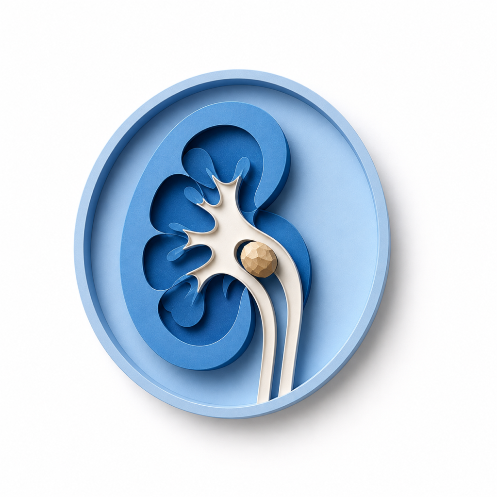 Minimalist 3D medical illustration of a kidney with a stone, representing advanced kidney stone diagnosis, laser treatment, and minimally invasive urological care.