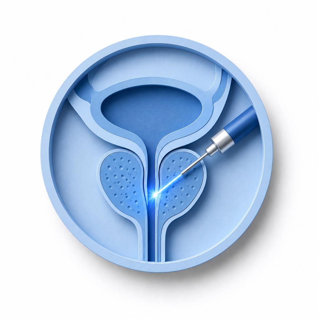 Minimalist 3D medical illustration representing laser urology surgery with advanced laser technology for precision urological treatment and minimally invasive care.