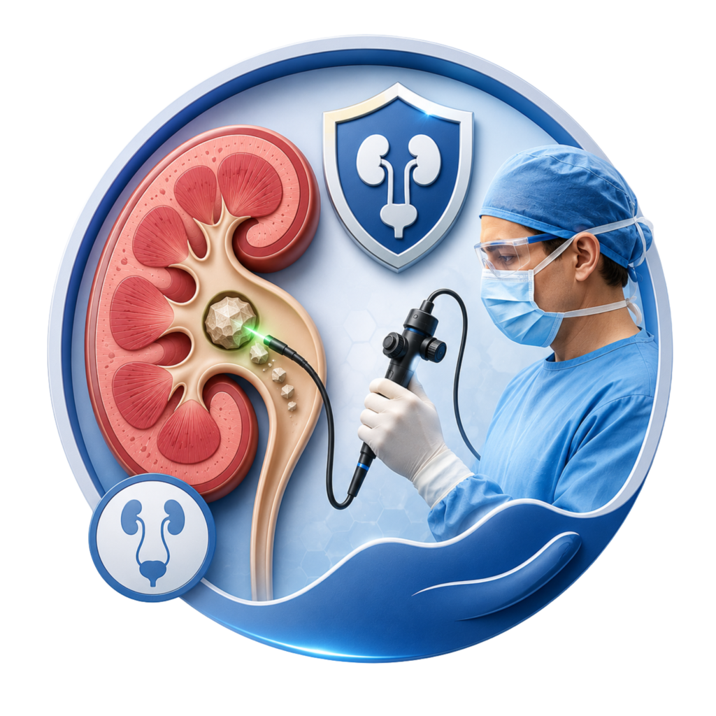 Advanced laser kidney stone surgery illustration showing minimally invasive laser treatment for kidney stones using RIRS and flexible ureteroscopy technology.