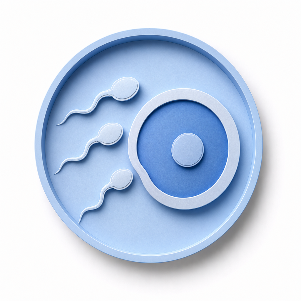 Minimalist 3D medical illustration representing male infertility treatment with sperm and egg fertility concept in advanced urological care.