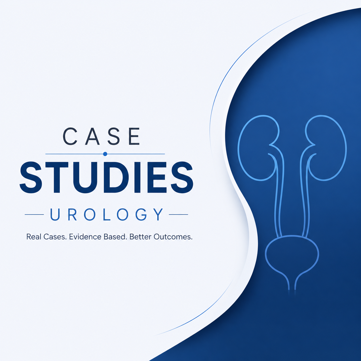 Cover graphic for urology case studies featuring a kidney and bladder illustration, titled "Case Studies: Urology – Real Cases, Evidence Based, Better Outcomes"