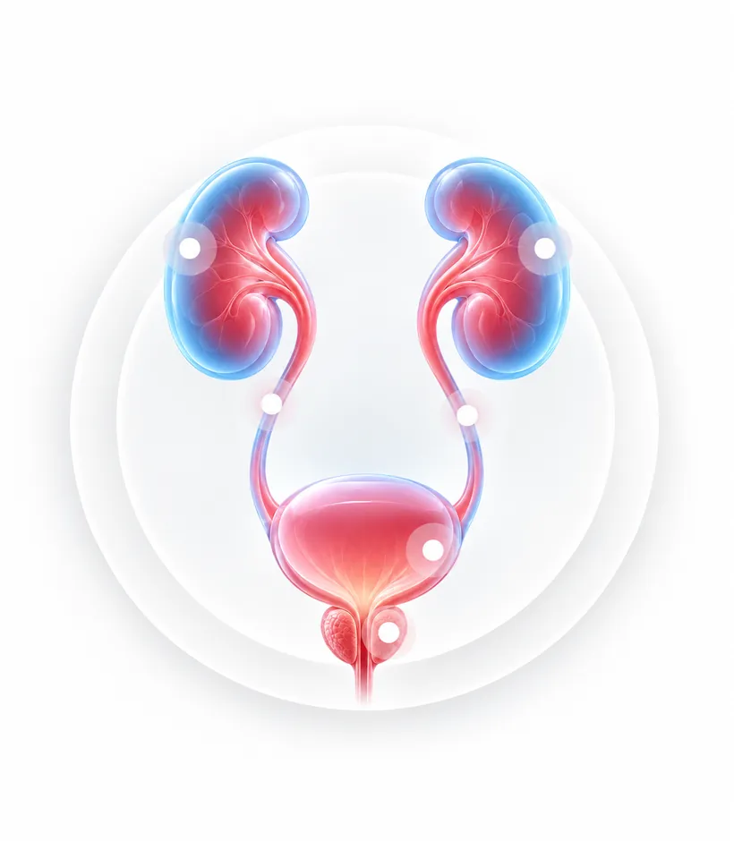 Illustration of the urinary system: two kidneys, ureters, bladder and prostate